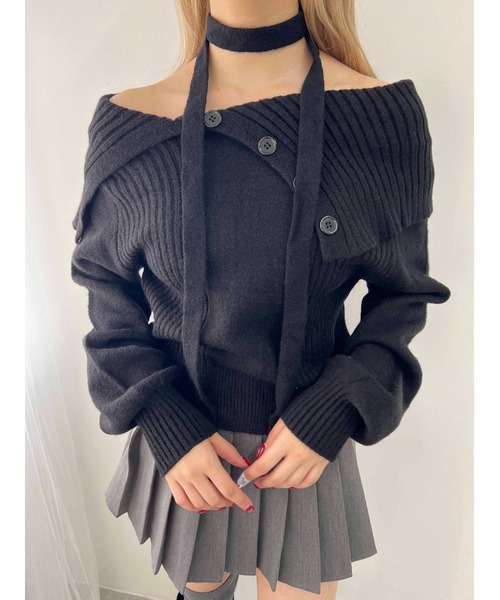 PHILLY（フィリー）の「【PHILLY】チョーカー付オフショルニット（ニット/セーター・レディース・ブラック/グレー・FREE）」の3枚目の写真