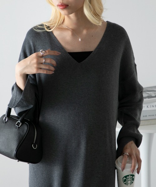 vieux by MAISON BREEZE(ビューバイメゾンブリーズ)の「【vieux by MAISON BREEZE】V neck knit long one-piece(ワンピース・レディース・ブラック/オリーブ/ダークグレー・FREE)」の18枚目の写真