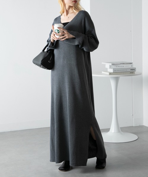 vieux by MAISON BREEZE(ビューバイメゾンブリーズ)の「【vieux by MAISON BREEZE】V neck knit long one-piece(ワンピース・レディース・ブラック/オリーブ/ダークグレー・FREE)」の20枚目の写真