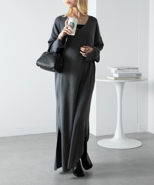 vieux by MAISON BREEZE(ビューバイメゾンブリーズ)の「【vieux by MAISON BREEZE】V neck knit long one-piece(ワンピース・レディース・ブラック/オリーブ/ダークグレー・FREE)」の21枚目の写真