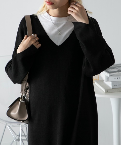 vieux by MAISON BREEZE(ビューバイメゾンブリーズ)の「【vieux by MAISON BREEZE】V neck knit long one-piece(ワンピース・レディース・ブラック/オリーブ/ダークグレー・FREE)」の8枚目の写真