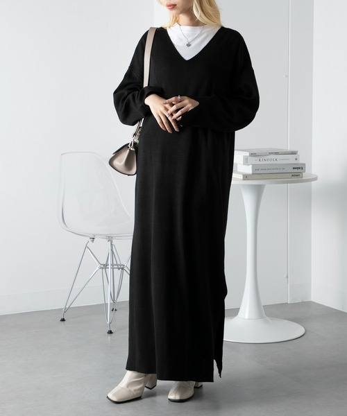 vieux by MAISON BREEZE(ビューバイメゾンブリーズ)の「【vieux by MAISON BREEZE】V neck knit long one-piece(ワンピース・レディース・ブラック/オリーブ/ダークグレー・FREE)」の10枚目の写真