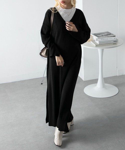 vieux by MAISON BREEZE(ビューバイメゾンブリーズ)の「【vieux by MAISON BREEZE】V neck knit long one-piece(ワンピース・レディース・ブラック/オリーブ/ダークグレー・FREE)」の12枚目の写真