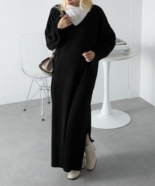 vieux by MAISON BREEZE(ビューバイメゾンブリーズ)の「【vieux by MAISON BREEZE】V neck knit long one-piece(ワンピース・レディース・ブラック/オリーブ/ダークグレー・FREE)」の13枚目の写真