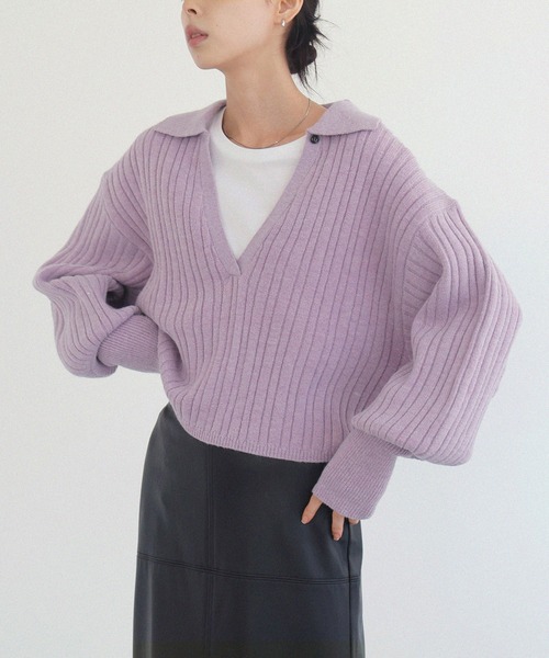 今だけお値下げ中　yori マリンドットパフポロニット セール】キーネックショートポロニット（ニット/セーター）｜LIAN