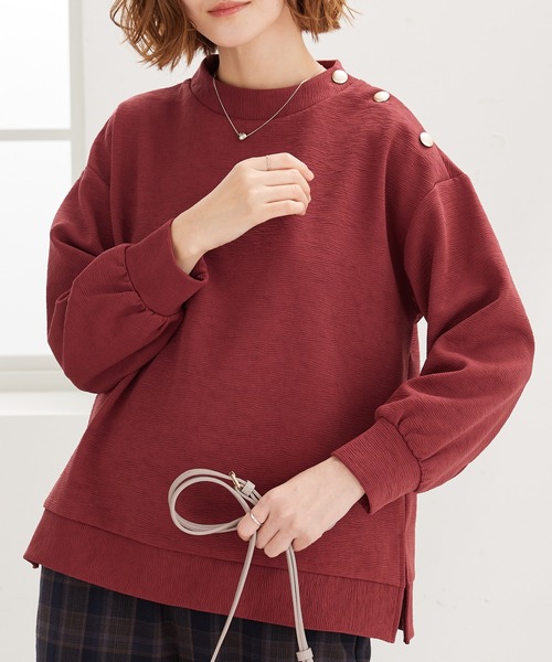 BELLUNA PLUS(ベルーナ)の「ジャカード素材肩ボタンプルオーバー(Tシャツ/カットソー・レディース・アイボリー/ターコイズブルー/チャコール/コーラル・MEDIUM/LARGE/X-LARGE)」の4枚目の写真