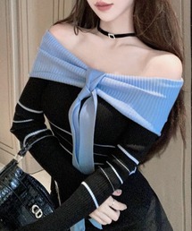 リボンオフショルリブニット