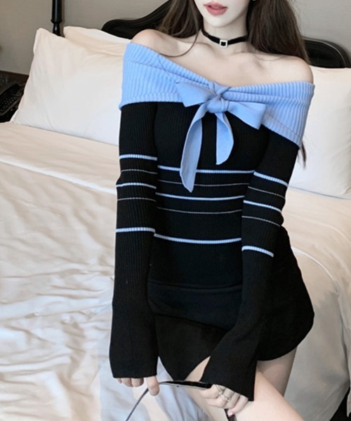 REMUR（レミュール）の「リボンオフショルリブニット（ニット/セーター・レディース・ブラック/ホワイト・M）」の18枚目の写真