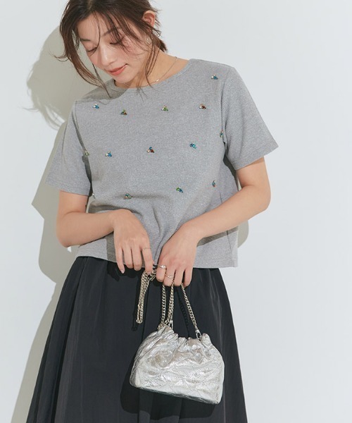 Pierrot(ピエロ)の「多色ビジュー使いプルオーバー(Tシャツ/カットソー・レディース・杢グレー/アイボリー・M/L)」の3枚目の写真
