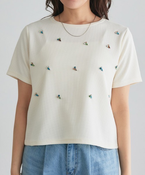 【美品】ALBEROBELLO半袖カットソー ぶたさん いっぱい　ビジュー 美品】ALBEROBELLO半袖カットソー ぶたさん いっぱい ビジュー