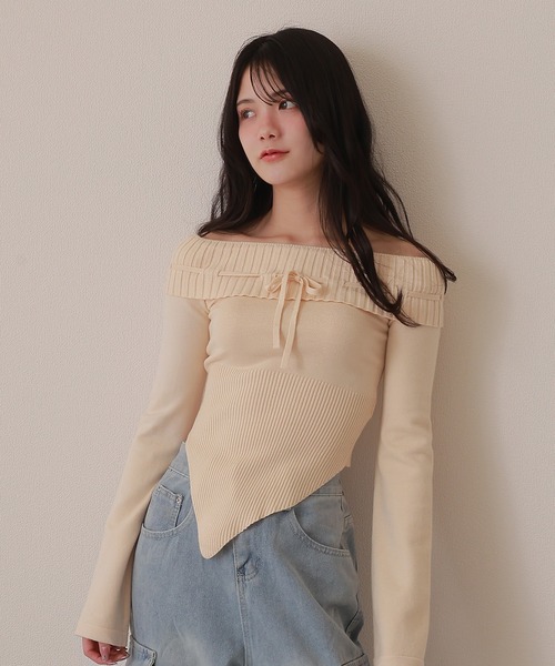 offshoulder ribbon knit tops/オフショルダーリボンニット