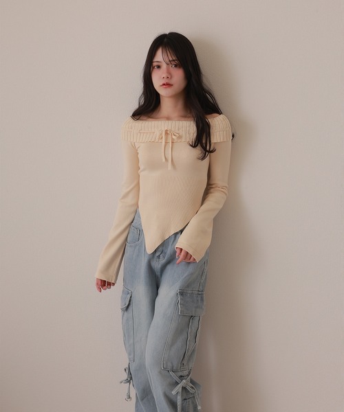 M DOLLY（エムドリー）の「offshoulder ribbon knit tops/オフショルダーリボンニットトップス（ニット/セーター・レディース・ブラック/アイボリー・S/M）」の10枚目の写真