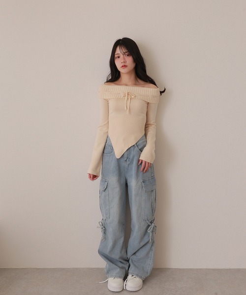M DOLLY（エムドリー）の「offshoulder ribbon knit tops/オフショルダーリボンニットトップス（ニット/セーター・レディース・ブラック/アイボリー・S/M）」の11枚目の写真