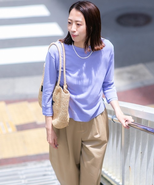 human woman（ヒューマンウーマン）の「◆【ウォッシャブル・UVカット】コットン混モックネックプルオーバー（ニット/セーター・レディース・ホワイト系その他/ネイビー/パープル・MEDIUM）」の3枚目の写真