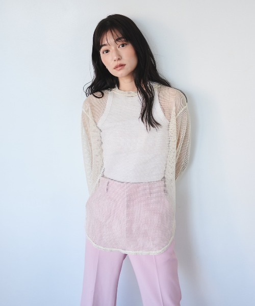 FMiBL（ファミル）の「ラメメッシュクルーロングTシャツ（Tシャツ/カットソー・レディース・アイボリー/ブラック・FREE）」の3枚目の写真