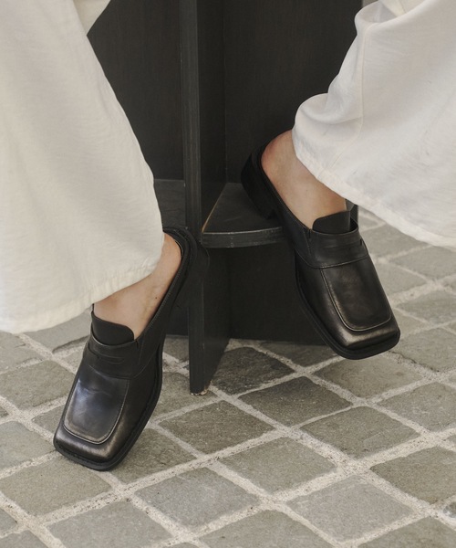 セール】Square Toe Loafer Mules / スクエアトゥローファー
