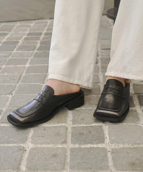 セール】Square Toe Loafer Mules / スクエアトゥローファー