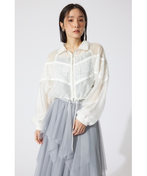 【人気】ランバンコレクション シアーブルゾン シースルー レースコンビブルゾン セール】レースコンビシアーブルゾン シアートップス（ブルゾン