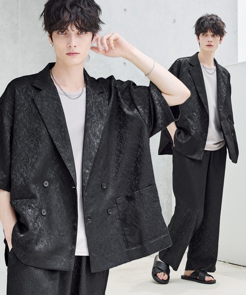 ASTRONOMY（アストロノミー）の「【セットアップ 2点セット】ダブルテーラード半袖シャツ+ワイドバギーイージーパンツ（セットアップ・メンズ・グレー/ブラック/チャコール/ネイビー/ブラウン/グレー系/ブラック系・S/M/L/XL）」の4枚目の写真