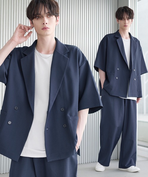 ASTRONOMY（アストロノミー）の「【セットアップ 2点セット】ダブルテーラード半袖シャツ+ワイドバギーイージーパンツ（セットアップ・メンズ・グレー/ブラック/チャコール/ネイビー/ブラウン/グレー系/ブラック系・S/M/L/XL）」の7枚目の写真