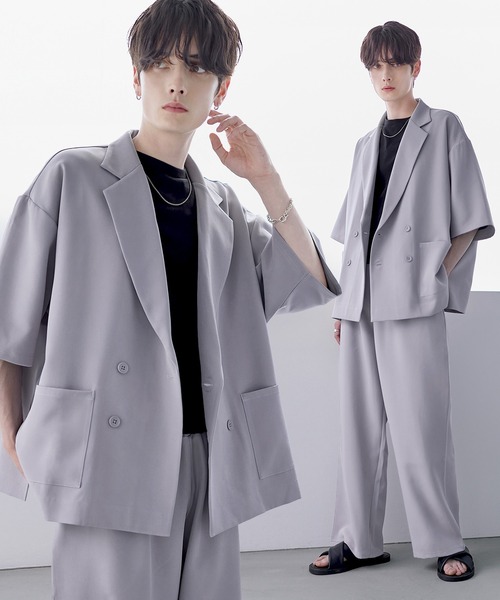 ASTRONOMY（アストロノミー）の「【セットアップ 2点セット】ダブルテーラード半袖シャツ+ワイドバギーイージーパンツ（セットアップ・メンズ・グレー/ブラック/チャコール/ネイビー/ブラウン/グレー系/ブラック系・S/M/L/XL）」の5枚目の写真