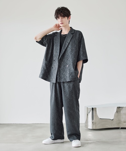 セットアップ 2点セット ダブルテーラード半袖シャツ+ワイドバギーイージーパンツ セットアップ 2点セット】ダブルテーラード半袖シャツ+ワイドバギー