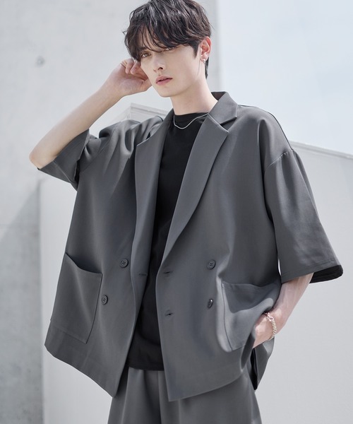 セットアップ 2点セット ダブルテーラード半袖シャツ+ワイドバギーイージーパンツ セットアップ 2点セット】ダブルテーラード半袖シャツ+ワイドバギー