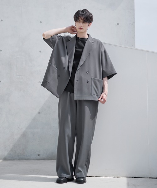 ASTRONOMY（アストロノミー）の「【セットアップ 2点セット】ダブルテーラード半袖シャツ+ワイドバギーイージーパンツ（セットアップ・メンズ・グレー/ブラック/チャコール/ネイビー/ブラウン/グレー系/ブラック系・S/M/L/XL）」の8枚目の写真