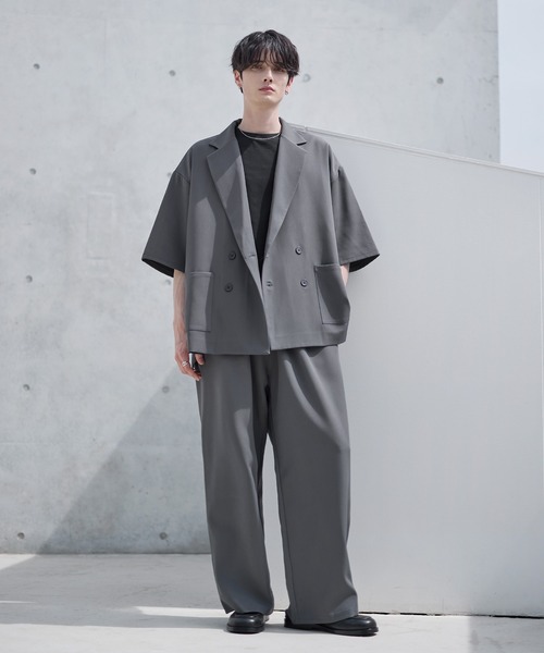 ASTRONOMY（アストロノミー）の「【セットアップ 2点セット】ダブルテーラード半袖シャツ+ワイドバギーイージーパンツ（セットアップ・メンズ・グレー/ブラック/チャコール/ネイビー/ブラウン/グレー系/ブラック系・S/M/L/XL）」の9枚目の写真