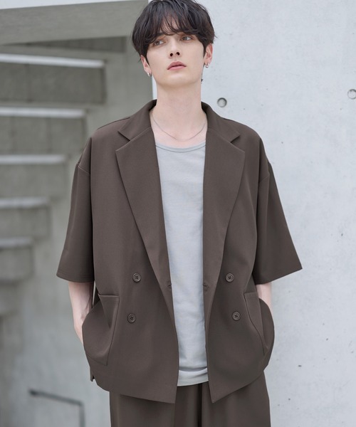 ASTRONOMY（アストロノミー）の「【セットアップ 2点セット】ダブルテーラード半袖シャツ+ワイドバギーイージーパンツ（セットアップ・メンズ・グレー/ブラック/チャコール/ネイビー/ブラウン/グレー系/ブラック系・S/M/L/XL）」の11枚目の写真