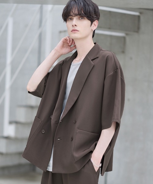 ASTRONOMY（アストロノミー）の「【セットアップ 2点セット】ダブルテーラード半袖シャツ+ワイドバギーイージーパンツ（セットアップ・メンズ・グレー/ブラック/チャコール/ネイビー/ブラウン/グレー系/ブラック系・S/M/L/XL）」の12枚目の写真