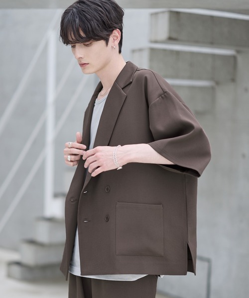 ASTRONOMY（アストロノミー）の「【セットアップ 2点セット】ダブルテーラード半袖シャツ+ワイドバギーイージーパンツ（セットアップ・メンズ・グレー/ブラック/チャコール/ネイビー/ブラウン/グレー系/ブラック系・S/M/L/XL）」の15枚目の写真