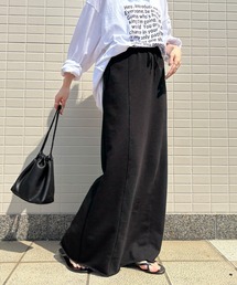 ISOOK | 【ISOOK / アイスー】セミフレアスウェットスカート / ロング ハイウエスト シームデザイン カットオフ 裾切りっぱなし ポケット付き ウエストゴム ライトグレー ブラック グレー 黒 ZOZOTOWN限定(スカート)