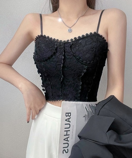 gossip!ロサンゼルス(ゴシップロサンゼルス)の「レトロ風 レースキャミソール(カップ付き)(キャミソール・レディース・ブラック/ホワイト・FREE)」の6枚目の写真