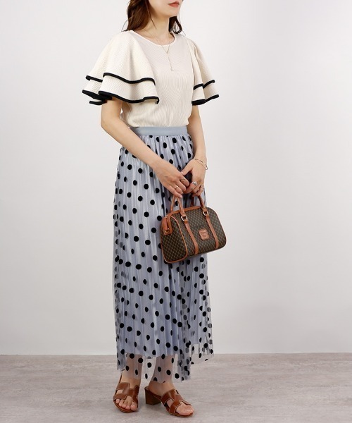 CLOTHY(クロシィ)の「【パッと目を惹くレトロなスタイル♪】2WAYドット柄チュールスカート(スカート・レディース・ベージュ/サックスブルー/ブラック・MEDIUM)」の13枚目の写真