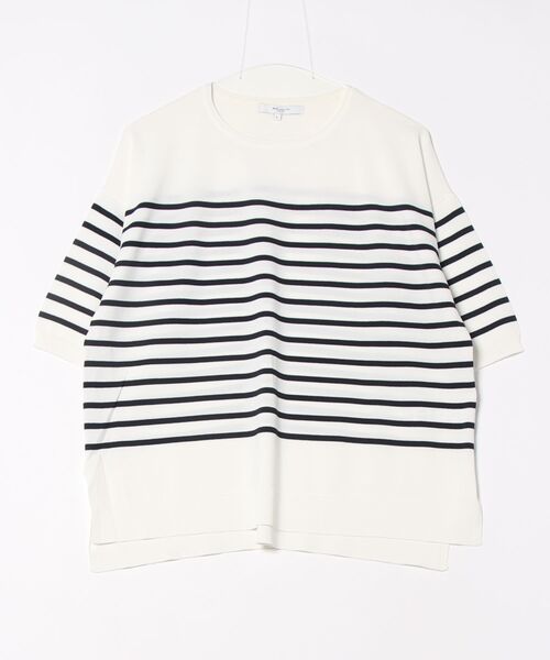 m.f.editorial（エムエフエディトリアル）の「【UVカット 接触冷感 アンチピリング 】m.f.エディトリアル レディース 快適機能 ゆるボーダー クルーネック 半袖ウォッシャブルニット（ニット/セーター・レディース・ブラック/ホワイト・LARGE/MEDIUM）」の4枚目の写真