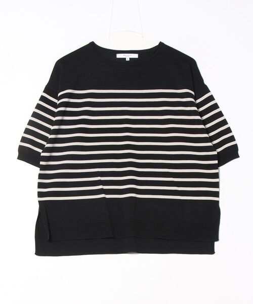 m.f.editorial（エムエフエディトリアル）の「【UVカット 接触冷感 アンチピリング 】m.f.エディトリアル レディース 快適機能 ゆるボーダー クルーネック 半袖ウォッシャブルニット（ニット/セーター・レディース・ブラック/ホワイト・LARGE/MEDIUM）」の8枚目の写真