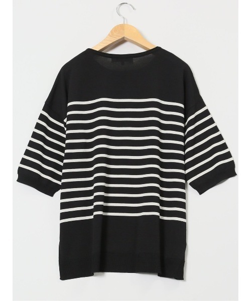 m.f.editorial（エムエフエディトリアル）の「【UVカット 接触冷感 アンチピリング 】m.f.エディトリアル レディース 快適機能 ゆるボーダー クルーネック 半袖ウォッシャブルニット（ニット/セーター・レディース・ブラック/ホワイト・LARGE/MEDIUM）」の9枚目の写真