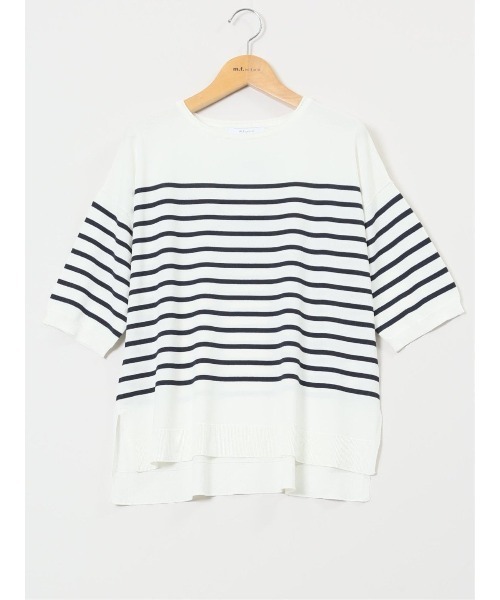 m.f.editorial（エムエフエディトリアル）の「【UVカット 接触冷感 アンチピリング 】m.f.エディトリアル レディース 快適機能 ゆるボーダー クルーネック 半袖ウォッシャブルニット（ニット/セーター・レディース・ブラック/ホワイト・LARGE/MEDIUM）」の13枚目の写真