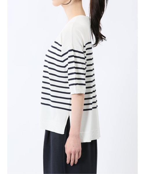 m.f.editorial（エムエフエディトリアル）の「【UVカット 接触冷感 アンチピリング 】m.f.エディトリアル レディース 快適機能 ゆるボーダー クルーネック 半袖ウォッシャブルニット（ニット/セーター・レディース・ブラック/ホワイト・LARGE/MEDIUM）」の15枚目の写真