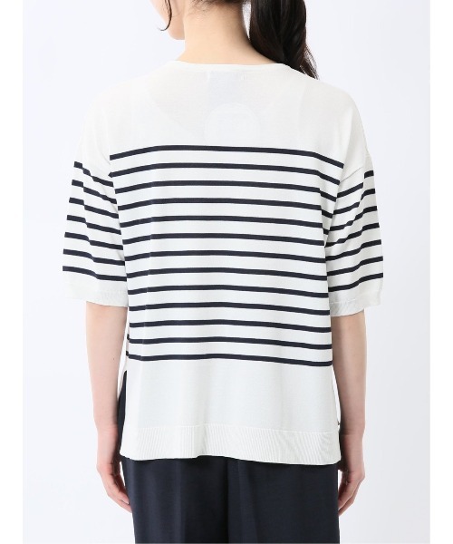 m.f.editorial（エムエフエディトリアル）の「【UVカット 接触冷感 アンチピリング 】m.f.エディトリアル レディース 快適機能 ゆるボーダー クルーネック 半袖ウォッシャブルニット（ニット/セーター・レディース・ブラック/ホワイト・LARGE/MEDIUM）」の16枚目の写真