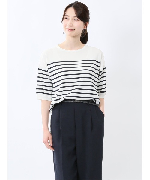 m.f.editorial（エムエフエディトリアル）の「【UVカット 接触冷感 アンチピリング 】m.f.エディトリアル レディース 快適機能 ゆるボーダー クルーネック 半袖ウォッシャブルニット（ニット/セーター・レディース・ブラック/ホワイト・LARGE/MEDIUM）」の19枚目の写真