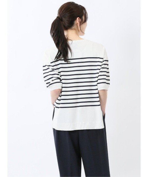 m.f.editorial（エムエフエディトリアル）の「【UVカット 接触冷感 アンチピリング 】m.f.エディトリアル レディース 快適機能 ゆるボーダー クルーネック 半袖ウォッシャブルニット（ニット/セーター・レディース・ブラック/ホワイト・LARGE/MEDIUM）」の20枚目の写真