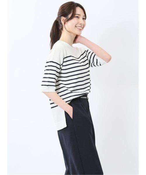 m.f.editorial（エムエフエディトリアル）の「【UVカット 接触冷感 アンチピリング 】m.f.エディトリアル レディース 快適機能 ゆるボーダー クルーネック 半袖ウォッシャブルニット（ニット/セーター・レディース・ブラック/ホワイト・LARGE/MEDIUM）」の21枚目の写真