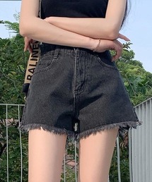 【MASHIRO】カットオフダメージハイウエストデニムショートパンツ