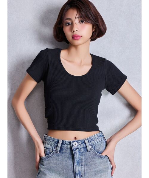 ラスト1点！GYDA レオパードバックリボントップス ブラック レオパードバックリボントップス（Tシャツ/カットソー）｜GYDA