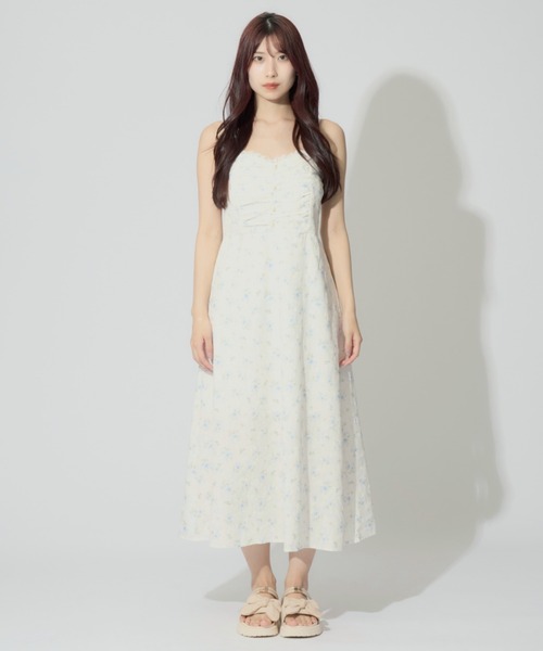 小花柄 キャミ ワンピース ドレス パール ボタン きれいめ 3色 Pearl Floral Camisole Dress / パールフローラルキャミ