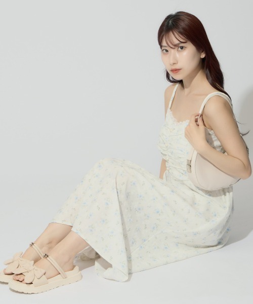 小花柄 キャミ ワンピース ドレス パール ボタン きれいめ 3色 Floral Print Camisole Mini Dress / 花柄キャミソールミニ