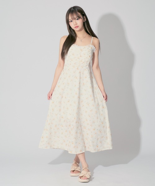 小花柄 キャミ ワンピース ドレス パール ボタン きれいめ 3色 Pearl Floral Camisole Dress / パールフローラルキャミ