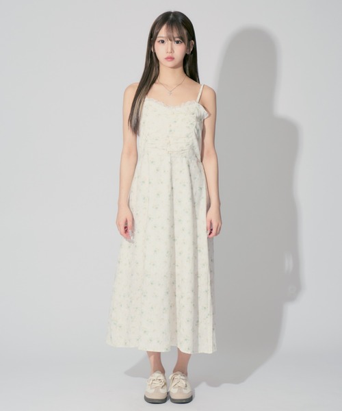 小花柄 キャミ ワンピース ドレス パール ボタン きれいめ 3色 Pearl Floral Camisole Dress / パールフローラルキャミ